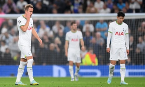 Harry Kane and Heung-Min Son look dejected after Spurs went behind to a goal by Sporting’s Marcus Edwards.