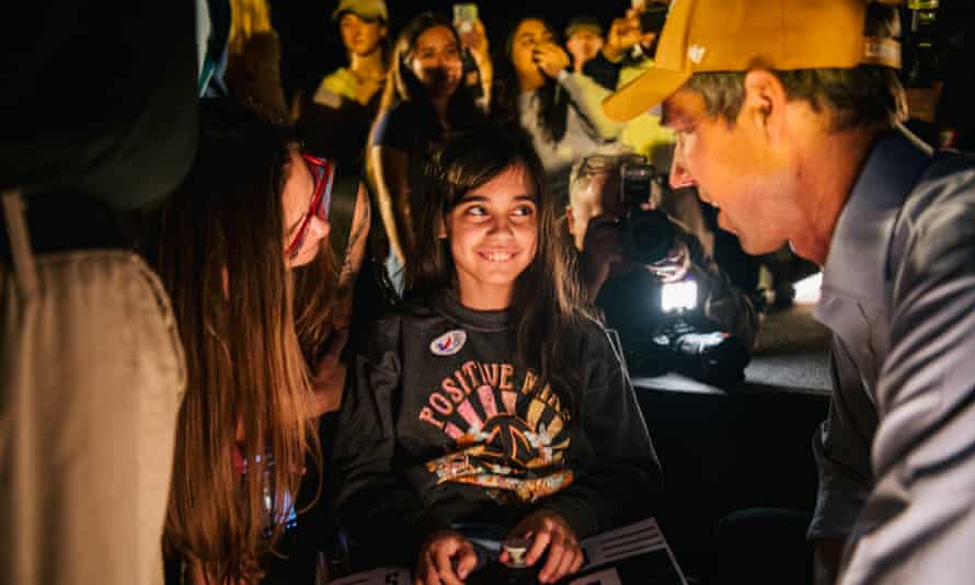 Bailey Salinas, 10, is greeted by Texas Democratic gubernatorial candidate Beto O’Rourke after a campaign rally at Republic Square on December 04, 2021 in Austin, Texas. “I think Beto’s my daughter’s last chance to be treated like she’s human. She’s hispanic, disabled, and a female and all of those things are stacked against her. Everything she needs, I feel that Beto can give to her,” said Bailey’s mother