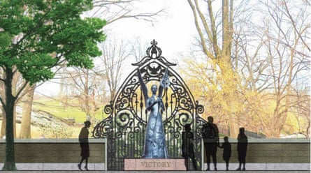 a sculpture by a park of an angel with ‘victory’ engraved underneath