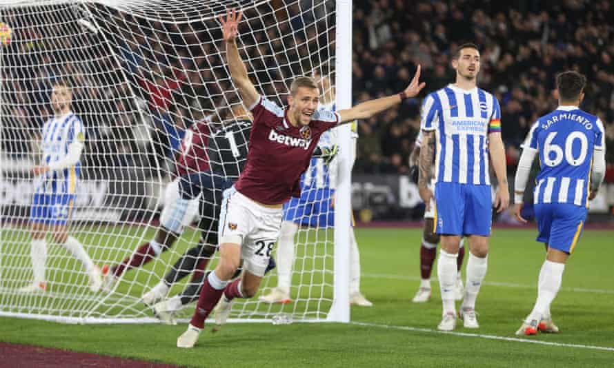 Tomas Soucek wheels away after scoring West Ham’s goal in the fifth minute