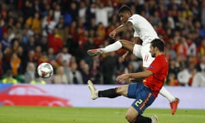 Marcus Rashford fires in England’s second goal in the 3-2 victory over Spain in Seville.