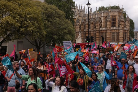 NEU teachers on their rally in London, outside Westminster Abbey and the Houses of Parliament.