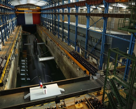 French president Emmanuel Macron delivers a speech next to the submarine 'Le Temeraire' (The Temerarious) at the Nuclear submarines Navy base of Ile Longue in Crozon, France,.