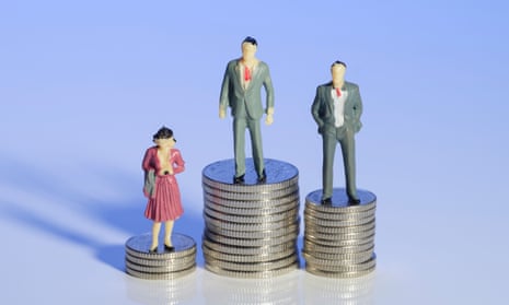 Mini plastic men and a woman standing on piles of money