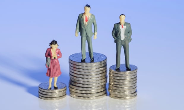 Old-fashioned attitudes … mini plastic men and a woman standing on piles of money.