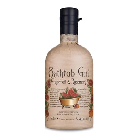 A bottle of Bathtub Gin – Grapefruit & Rosemary. The bottle has a brown paper wrap effect with old fashioned text and floral illustrations.