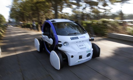An autonomous self-driving vehicle during a media event in Milton Keynes