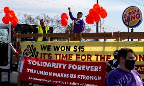 Burger King employees demand to be paid higher wages in Sacramento, California on 15 January 2021.