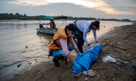 Two women rolling up a dead dolphin in tarpaulin