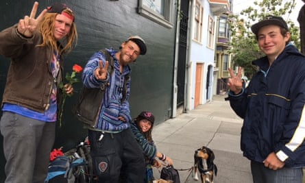 Isaiah Wolfe, aka Orange, second from left, and Sunshine Autrey, right, in Haight-Ashbury.