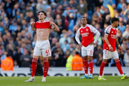 Declan Rice reacts during Arsenal’s defeat by Manchester City.