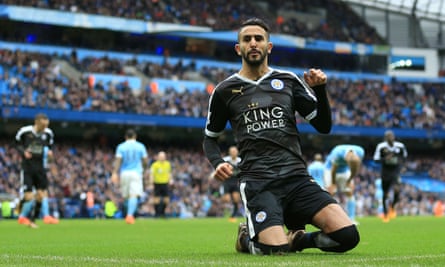 Riyad Mahrez celebrates after scoring for Leicester at Manchester City in February 2016 en route to the club’s title win.