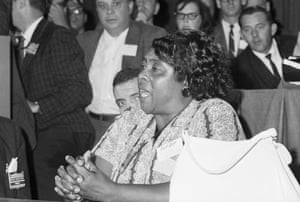 Fannie Lou Hamer speaks as a Mississippi Freedom Democratic party delegate prior to the formal meeting of the Democratic national convention in August 1964.