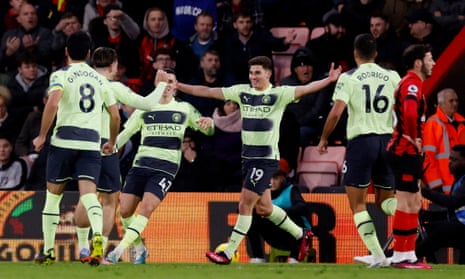 Bournemouth v Manchester City: Premier League – live | Premier League 3 Alvarez celebrates scoring.