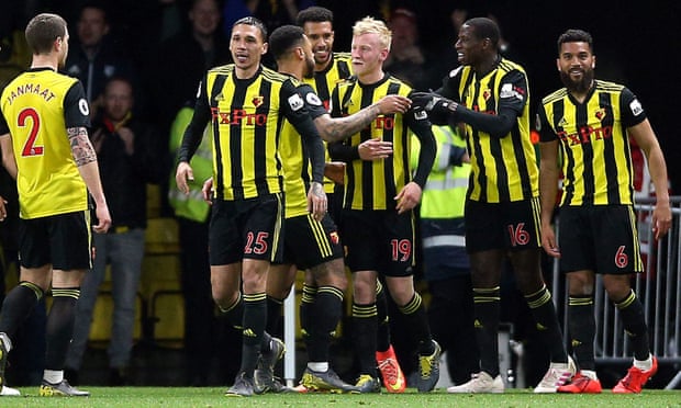 Will Hughes is congratulated on restoring Watford’s lead