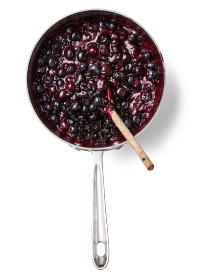 Stir in the remaining blueberries and the bilberries, leave to cool, stirring occasionally, then, once completely cool, spoon the fruit filling into the chilled pie shell.