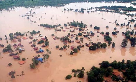 An aerial view of houses in Laos submerged by floodwaters after the Xe Pian Xe Nam Noy dam collapsed. Villages in neighbouring Cambodia have been flooded.