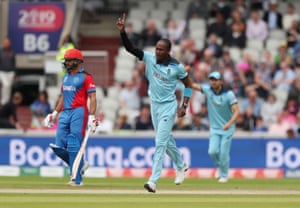 Jofra Archer celebrates the wicket of Noor Ali for a duck on his second ball.