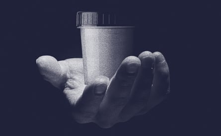 Illustration of hand holding medical container