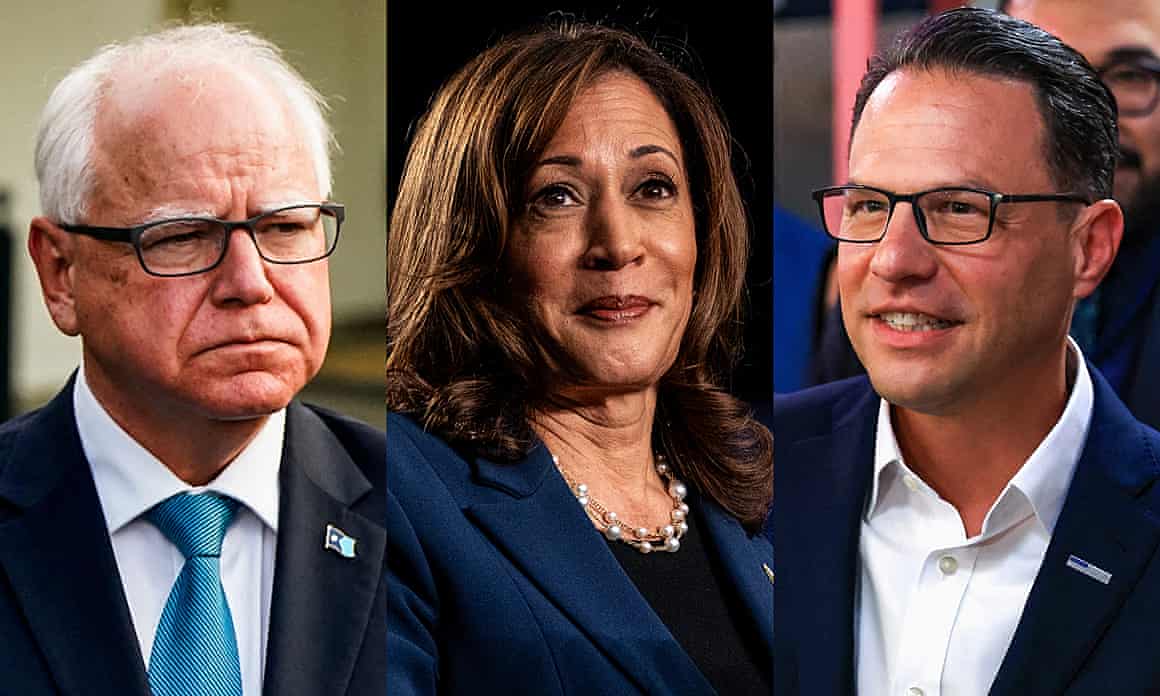 A composite of three headshots, with Tim Walz on the left, Kamala Harris in the center and Josh Shapiro on the right
