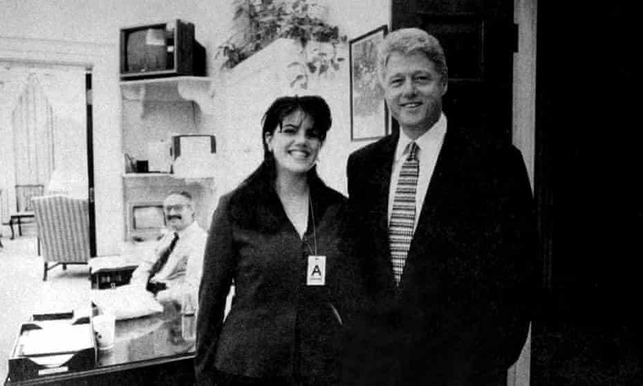 Monica Lewinsky and Bill Clinton. Clinton was found not guilty by the Senate and so remained in office. The damage to his legacy, however, was enduring. 