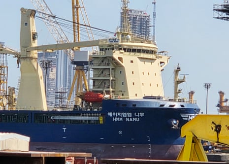 The South Korean-operated vessel HMM Namu is docked after being damaged from a fire after an explosion in the strait of Hormuz.