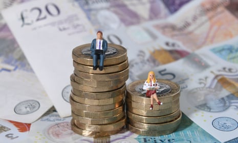 two figurines of a woman and a man sitting atop an uneven pile of pound coins