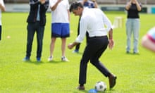 Rishi Sunak playing football during a campaign visit to Chesham United FC