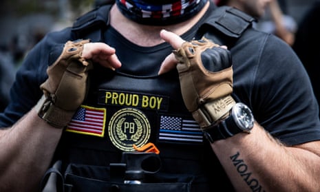 Members of the Proud Boys group participate in a 22 August protest in Portland, Oregon.