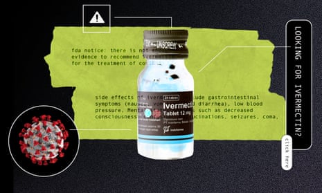 Illustration of a bottle of Ivermectin overlaid on an FDA warning notice and a description of side effects.