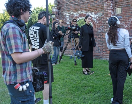 Film crew working on a vertical drama set
