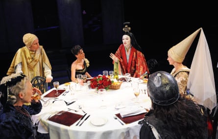 A scene from Top Girls by Caryl Churchill at the Minerva theatre, Chichester, in 2011. Historical female characters at a dinner table.
