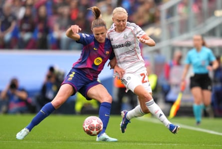 Pernille Harder battles for possession during Bayern Munich’s game against Barcelona.