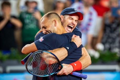 Andy Murray and Dan Evans of Team GB celebrate winning their men’s doubles second round match against Sander Gille and Joran Vliegen of Team Belgium.