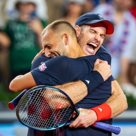 Andy Murray and Dan Evans of Britain celebrate after their men’s doubles tennis second round victory over Belgium’s Sander Gille and Joran Vliegen.