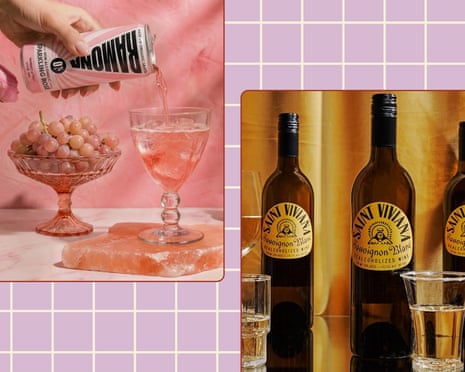 two images of person pouring a can of sparkling wine into glass and bottles of nonalcoholic wine