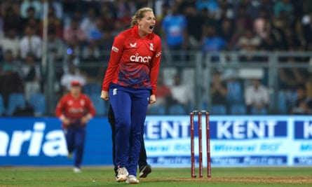 Sophie Ecclestone celebrates the wicket of Smriti Mandhana