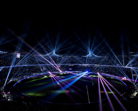A light show before the 2023 men’s Cricket World Cup final at the Narendra Modi Stadium in Ahmedabad.