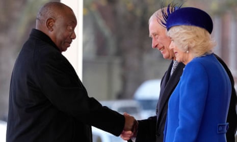 Cyril Ramaphosa is greeted by King Charles III and Camilla, the Queen Consort, during a ceremonial welcome at Horse Guards Parade in London on Tuesday