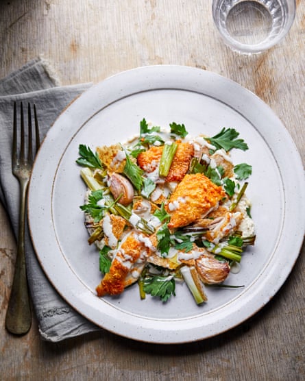 Tahini chicken and sausage with fritters: easy midweek dinner