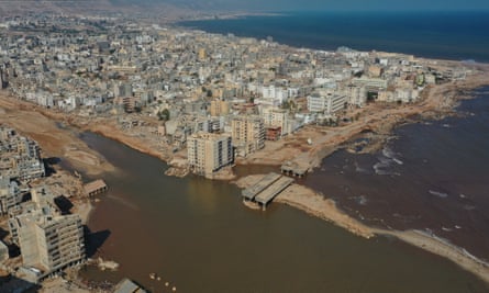 An aerial view of the devastation of Derna, Libya, 17 September 2023.