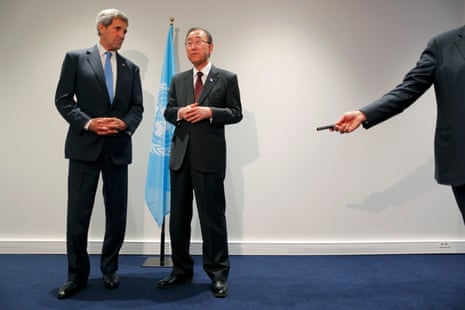 US secretary of state, John Kerry, and UN secretary-general Ban Ki-moon at the Paris climate talks. ‘We need to get the job done,’ said Kerry in a hard-hitting speech. 