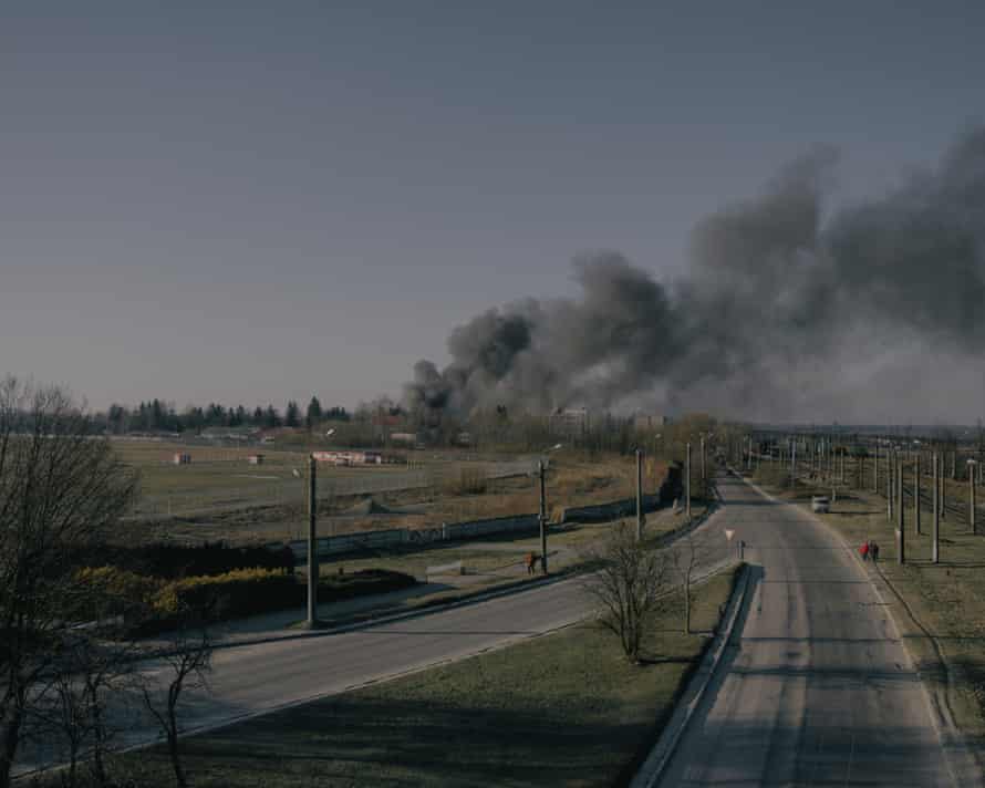 A cloud of smoke over the site of the airport in Lviv on the morning of 18 March