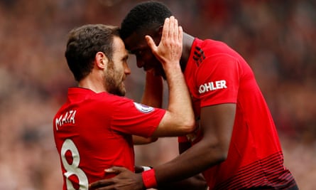 Juan Mata is congratulated by Paul Pogba after scoring United’s goal