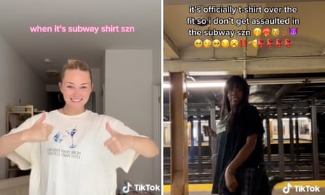 composite of two tiktoks showing women in big t shirts under text about subway shirts