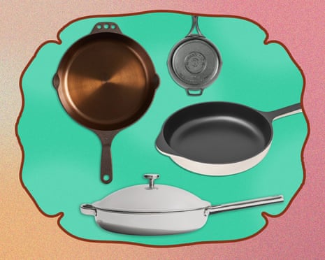 collage of different cooking pans against teal background