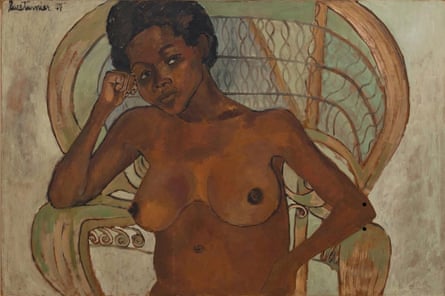 Painting shows a nude Black woman sitting in a chair, resting her head on her right hand