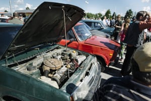 Under the hood of one of the cars up for auction.