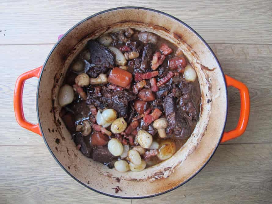 Marinaded meat in Richard Olney's beef bourguignon.