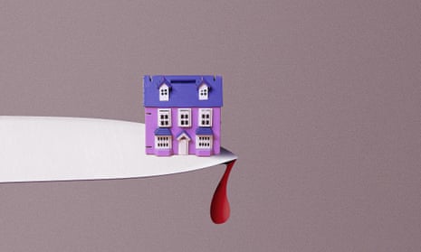 Illustration of a pink and purple house on a knife blade, with a drop of blood falling down below it